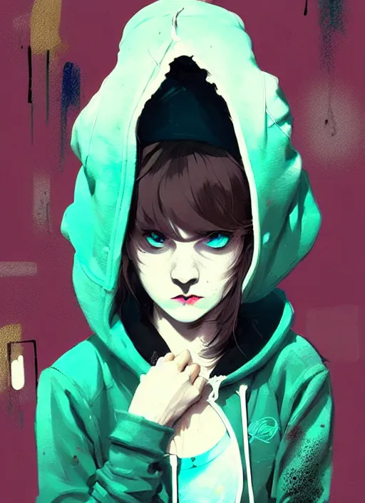 Image similar to highly detailed portrait of a urban punk lady student, blue eyes, hoodie, white hair by atey ghailan, by greg rutkowski, by greg tocchini, by james gilleard, by joe fenton, by kaethe butcher, gradient green, black, brown and teal color scheme, grunge aesthetic!!! ( ( graffiti tag wall background ) )