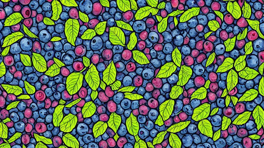 Prompt: artistic medium close-up knee height horizontal stylized digital drawing of bushes with blueberries in a forest. Digital art. Rustic. Nordic. 4K. Trending on artstation. Leafy. Extremely detailed. Nature. Artistic. Wild.