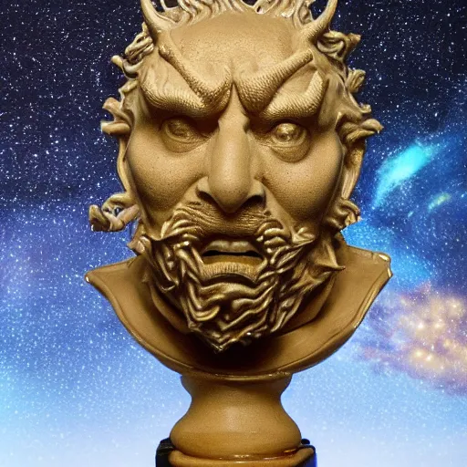 Prompt: ceramic bust by jean - francois millet lavish. a computer art of a dragon in space. the dragon is in the foreground with its mouth open rows of sharp teeth. coiled & ready to strike, its tail is wrapped around a star in the background. background is full of stars & galaxies.