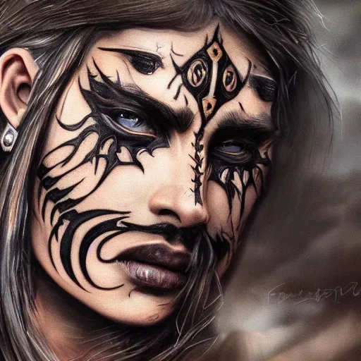 Image similar to a detailed portrait of desert warrior with face tattoos, fantasy art illustration, incredibly highly detailed and realistic, 8 k, sharp focus