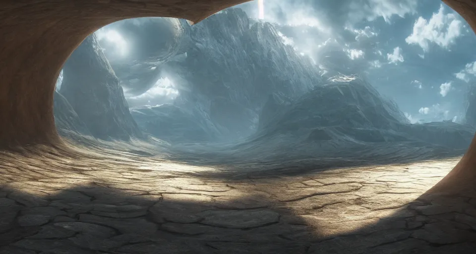 Image similar to a photorealistic view from inside a cylindrical earth, octane render, unreal engine 5, cinematic by Christopher Nolan, matte painting