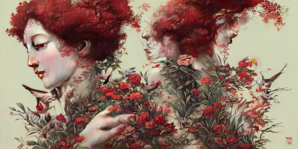 Image similar to breathtaking detailed concept art painting art deco pattern of red short curly hair faces goddesses amalmation flowers with anxious piercing eyes and blend of flowers and birds, by hsiao - ron cheng and john james audubon, bizarre compositions, exquisite detail, extremely moody lighting, 8 k