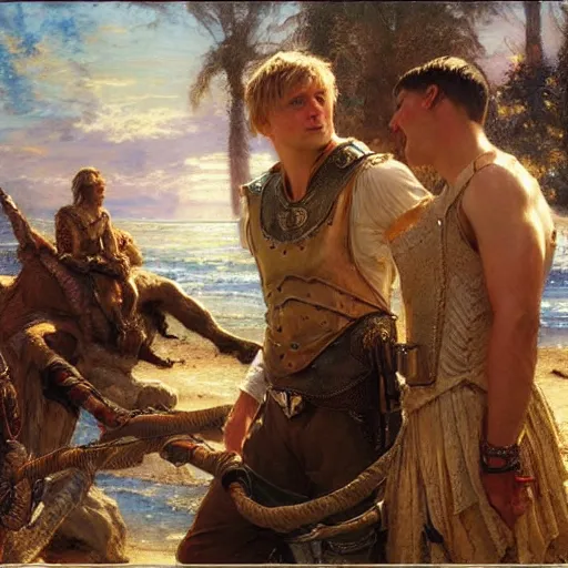 Image similar to attractive arthur pendragon confesses his love to attractive male merlin. highly detailed painting by gaston bussiere, craig mullins, j. c. leyendecker 8 k