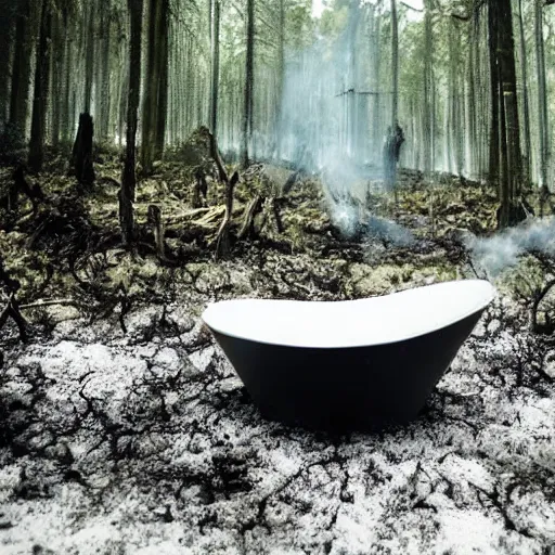 Image similar to pristine porcelain bath filled with bubbles in a clearcut rainforest, slash and burn, cleared forest, deforestation, bath overflowing with bubbles, tree stumps, smouldering charred timber