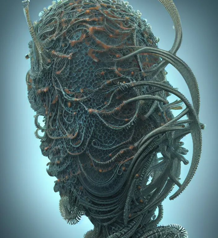 Image similar to portrait intricate mask, eagle coral, jelly fish, mandelbulb 3 d, fractal flame, octane render, cyborg, biomechanical, futuristic, by ernst haeckel