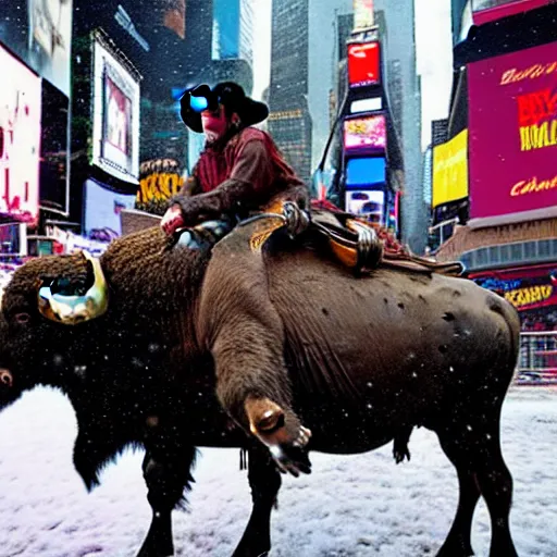 Image similar to wild west cowboy riding a buffalo in times square while it ’ s snowing