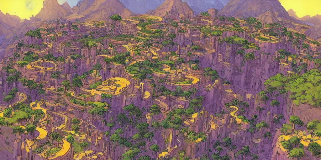 Prompt: an african city in a valley bordered by a fortress on the mountain side with three towers, multicolored spirits flying in the skies, comics art, cinematic volume lighting, 4k, illustration, epic scene, trending on artstation, art by ghibli moebius