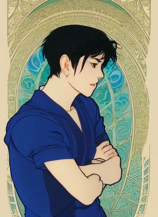 Image similar to handsome young man with short black hair, male, dressed in blue, half body shot, arms folded, path traced, highly detailed, high quality, digital painting, by studio ghibli and alphonse mucha, leesha hannigan, hidari, art nouveau, chiho aoshima, posuka demizu, atey ghailan, artgerm, ayami kojima