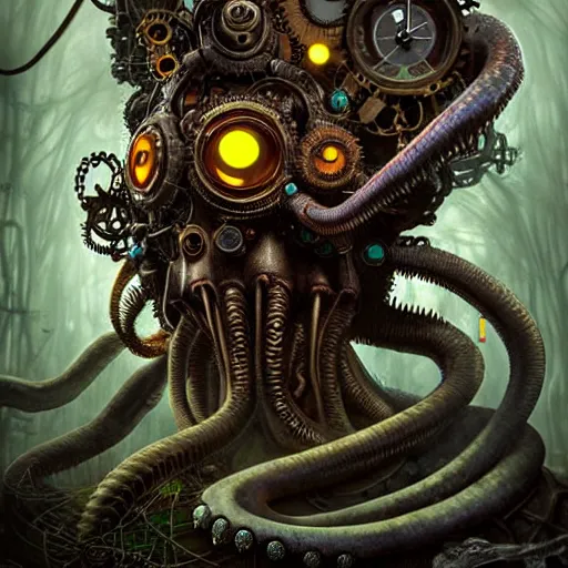 Image similar to biomechanical steampunk creature with robotic parts and big octopus head and (glowing) eyes guarding an ancient lush cave in a mystic forest, gothic and baroque, brutalist architecture, ultradetailed, creepy ambiance, fog, artgerm, giger, Intricate by Ellen Jewett and Josan Gonzalez and Giuseppe Arcimboldo