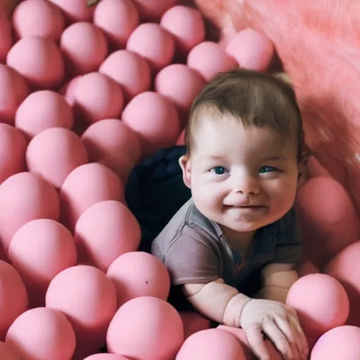 Prompt: infant riding on the back of a pig in a ball pit