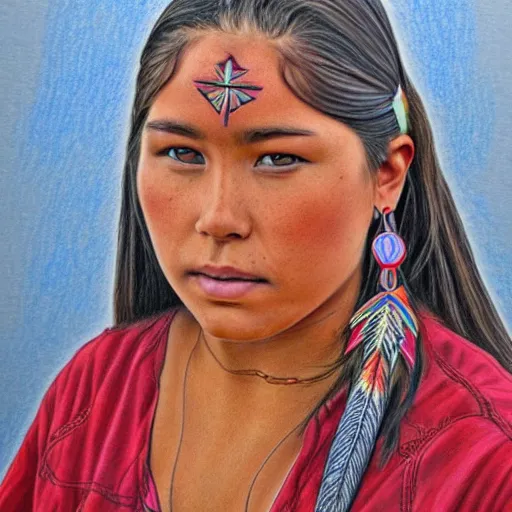 Image similar to ultra detailed colored pencil drawing of a stunningly beautiful first nation girl, style bellerose and desjarlais,
