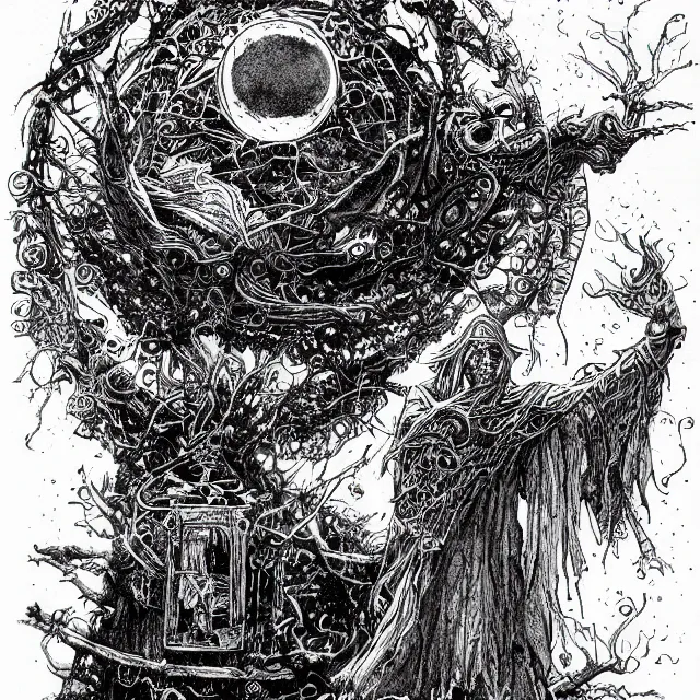 Prompt: black micron pen illustration, a sorcerer pondering an orb by ian miller, white background, inktober, highly detailed, artstation hd