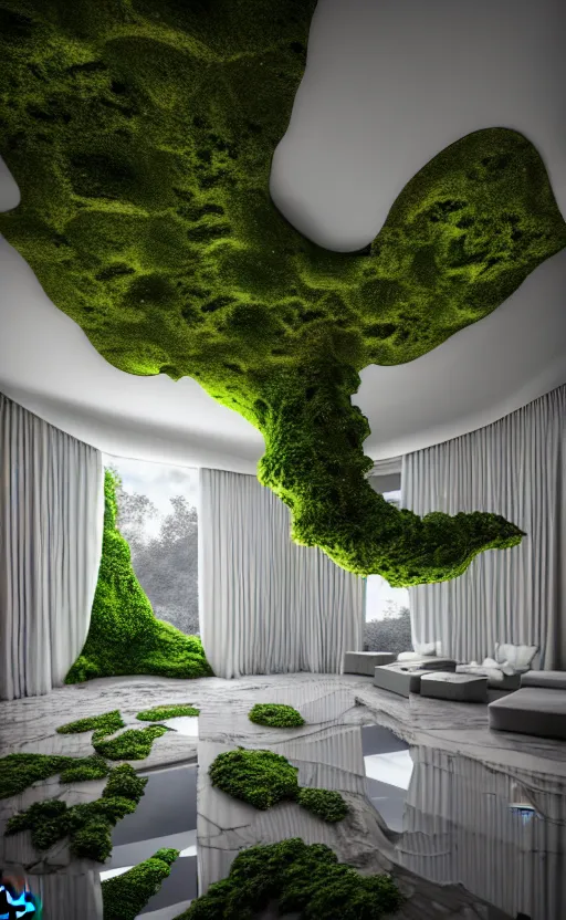 Prompt: highly detailed ultra sharp 3 d render villa interior cinematic composition of a smooth ceramic porcelain biomorphic magnolia stone nebula fluid fractal sci - fi surreal architecture landscape, granite, metallic niobium, marble, moss lichen, vincent callebaut composition, mamou - mani, archviz, beautiful lighting, 8 k, unreal engine, hdr