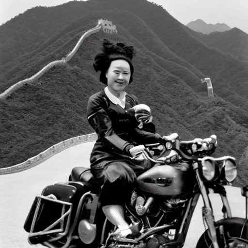 Prompt: a historical black and white photograph of a heroic beautiful woman on a Harley Davidson motorbike riding over the Great Wall of China