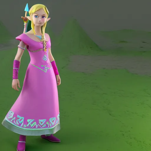 Image similar to Zelda from The Legend of Zelda in a pink dress, fully detailed, high quality , 4k , octane render , soft lightening , masterpiece