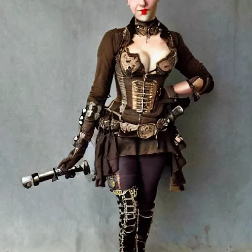 Prompt: full body photo of a skinny female steampunk warrior