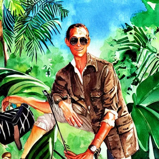Image similar to A Banana Republic Travel and Safari Clothing Catalog cover from 1986 with Pepe, watercolor painting by Robert Stein III, illustration.