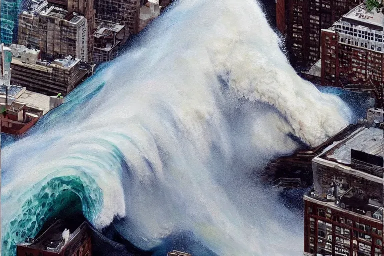 Image similar to tsunami wave crashing into Manhattan, aerial shot, realist painting