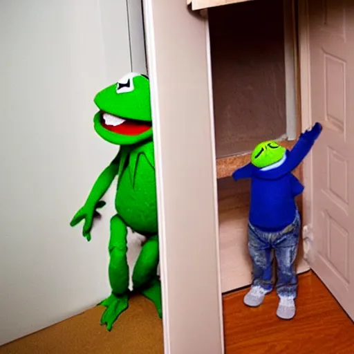 Image similar to photographs of FBI Kermit finding Elmo Esteves in a closet