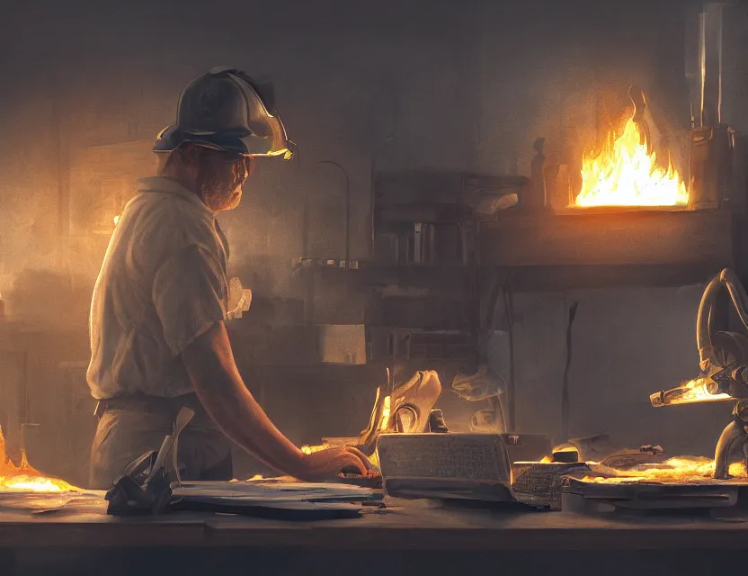 Image similar to a man works at a workstation in a very hot office with burning fires, close up, featured in artstation, intricate, ultra detailed, concept art, wide - angle lens, sharp focus, illustration, 8 k