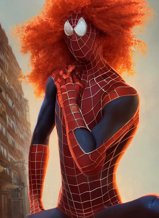 Image similar to illustration of curly orange hair man from mervel's spider man : miles morales, au naturel, hyper detailed, digital art, trending in artstation, cinematic lighting, studio quality, smooth render, unreal engine 5 rendered, octane rendered, art style by klimt and nixeu and ian sprigger and wlop and krenz cushart and marvel