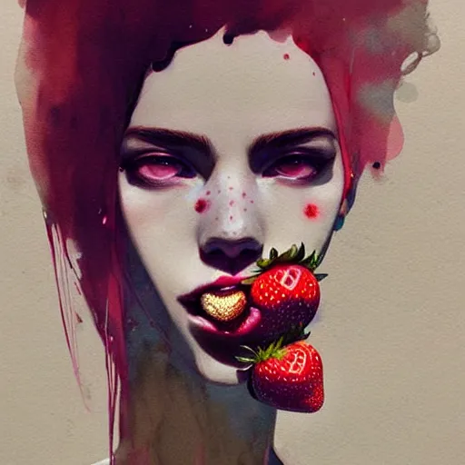 Image similar to a ultradetailed beautiful panting of a stylish woman with a strawberry in her mouth, by conrad roset, greg rutkowski and makoto shinkai, trending on artstation