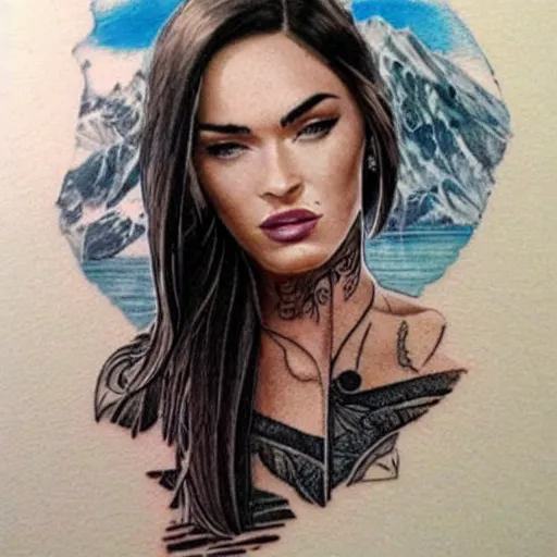 Image similar to megan fox as beautiful mountains, double exposure effect, medium sized tattoo sketch, amazing detail, on pinterest