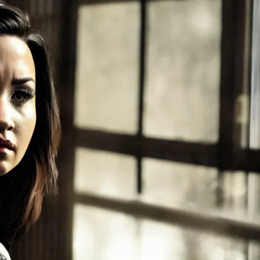 Image similar to close-up of Demi Lovato as a detective in a movie directed by Christopher Nolan, movie still frame, promotional image, imax 70 mm footage