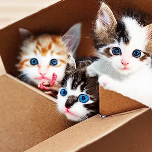 Image similar to a cardboard box, inside full of cute kittens