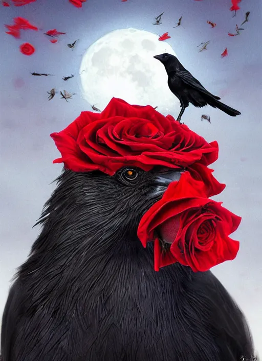 Prompt: portrait, a crow with red eyes in front of the full big moon, book cover, red roses, red white black colors, establishing shot, extremly high detail, foto realistic, cinematic lighting, by Yoshitaka Amano, Ruan Jia, Kentaro Miura, Artgerm, post processed, concept art, artstation, raphael lacoste, alex ross