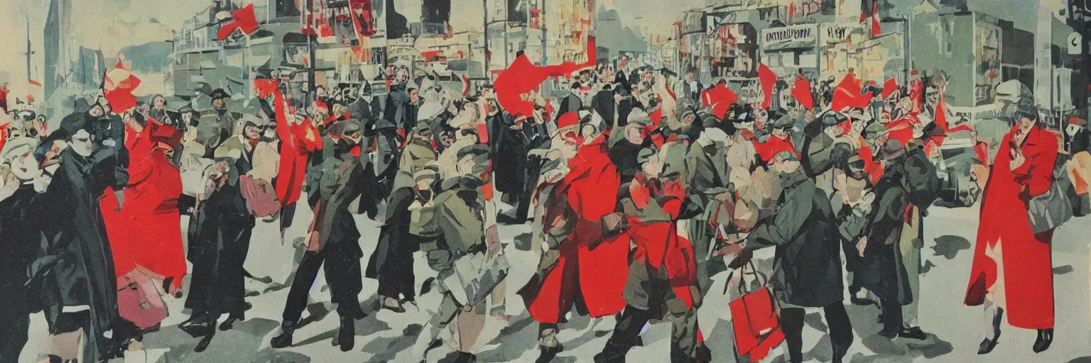 Image similar to A lot of people are standing at traffic lights and looking at their phones. soviet propaganda style