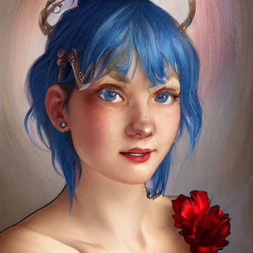 Image similar to a smiling happy beautiful barmaid with short blue hair wearing a red satin dress in a rustic saloon, beautiful sparkling blue eyes, caucasian, fantasy, intricate and very beautiful and elegant, highly detailed, digital painting, artstation, concept art, smooth and sharp focus, illustration, art by tan zi and artgerm and alphonse mucha and peter mohrbacher