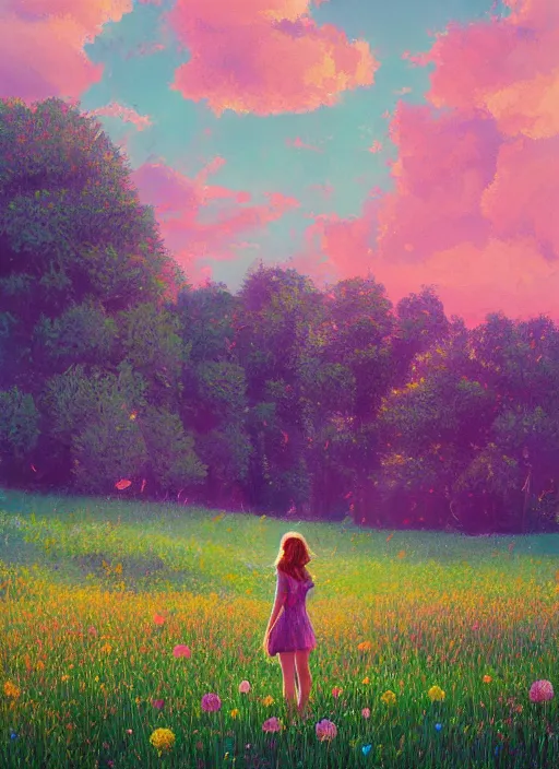 Prompt: girl with flower dress, standing in a field with floating flowers, hills, big trees, sunrise dramatic light, impressionist painting, colorful clouds, digital painting, pointillism, artstation, simon stalenhag