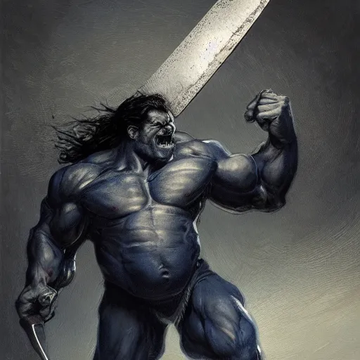 Image similar to artstation concept a midnight blue hulk jolding a meat cleaver, dusty, hyperdetailed, artstation trending, world renowned artists, worth 1 0 0 0. com, historic artworks society, antique renewel, cgsociety, by greg rutkowski, by gustave dore, deviantart