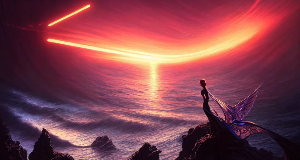 Prompt: tron wings in front mind bending sunset, cliffside ocean scene, backlit, aesthetic, elegant, diffuse lighting, hyper realistic, elegant, intricate, hyper detailed, smooth, sharp focus, concept art, illustration, trending on artstation, art by artem demura, greg rutkowski, james gurney, and alphonse mucha