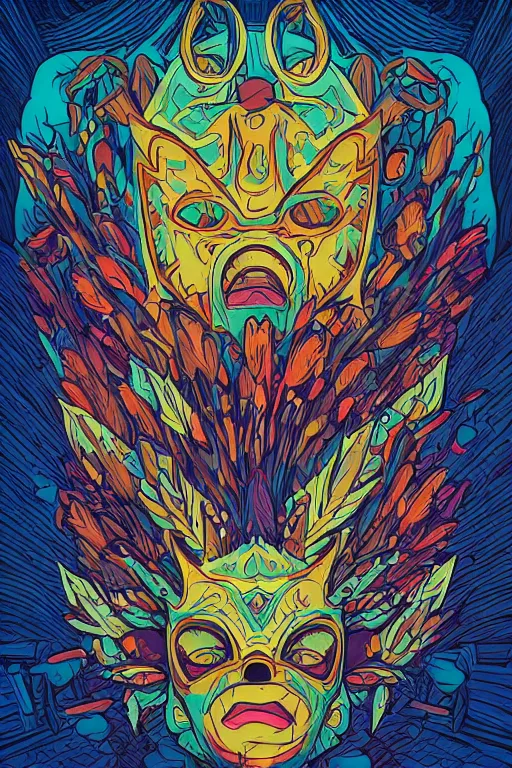 Image similar to animal mask totem roots tribal feather gemstone plant wood rock shaman vodoo video game vector illustration vivid multicolor borderlands comics by josan gonzales and dan mumford radiating a glowing aura