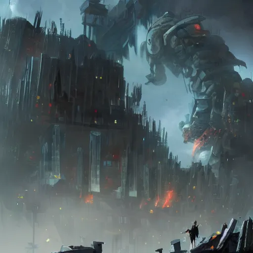 Image similar to a giant destroying a city, artstation.