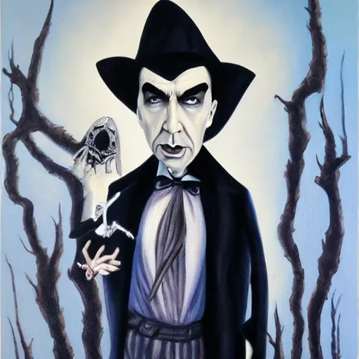 Image similar to an oil painting of Bela Lugosi in the style of Tim burton