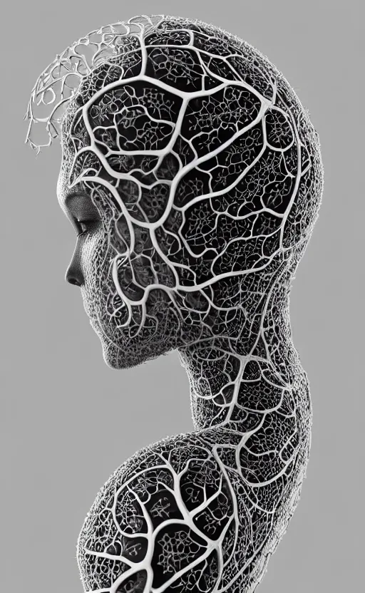 Prompt: a black and white 3D render of a beautiful profile face portrait of a female vegetal-dragon-cyborg, 150 mm, orchid stems, ivy, fine vegetal lace, Mandelbrot fractal, anatomical, flesh, facial muscles, microchip, veins, arteries, full frame, microscopic, elegant, highly detailed, flesh ornate, elegant, high fashion, rim light, octane render in the style of H.R. Giger