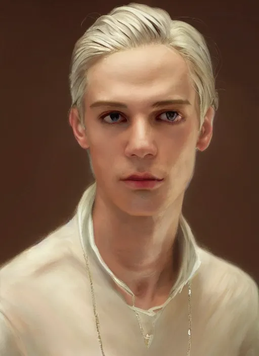 Prompt: close-up portrait of young dreaming pale man, with white hair shoulder length wavy hair, with pearl necklace and pearl earing, in the museum, in white turtleneck shirt, painting in the museum, highly detailed, sharp focus, digital painting, artwork by Kinkade, by Victor Adame Minguez by Tom Lovell by Leyendecker by Sandro Botticelli