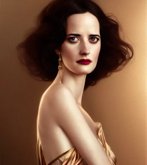 Image similar to Eva Green with a rose gold dress, with no derpy face, hyper realistic portrait, intricate, elegant, highly detailed, digital painting, artstation, concept art, rough, sharp focus, illustration, art by artgerm and greg rutkowski and alphonse mucha