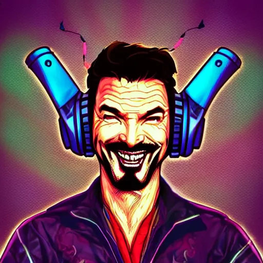 Image similar to artgerm, psychedelic laughing cybertronic dr. strange, rocking out, headphones dj rave, digital artwork, r. crumb, svg vector