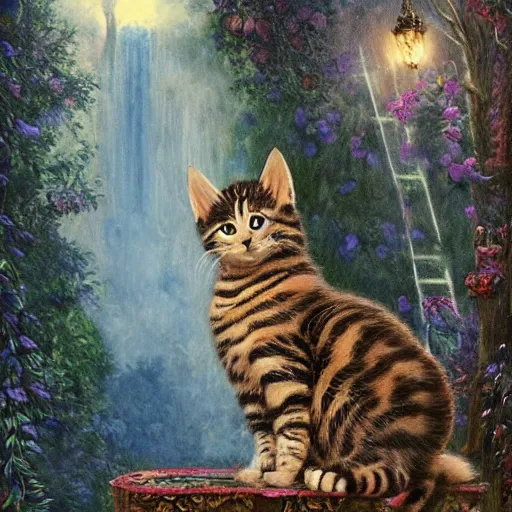 Prompt: painting of one kitten in the enchanted forest standing on the steps and watching the waterfall, fantasy, intricate, extremely detailed, matte, featured in artstation, art by louis wain, greg rutkowski