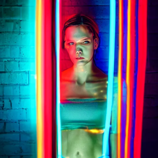 Image similar to a portrait of a female cyborg, fashion, streak lights, ligjt trail, color gel, photogtaphy, canon r 5, wide angle