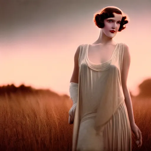 Prompt: photographic portrait of a stunningly beautiful 1 9 2 0 s film star female in soft dreamy light at sunset, contemporary fashion shoot, by edward robert hughes, annie leibovitz and steve mccurry, david lazar, jimmy nelsson, breathtaking, 8 k resolution, extremely detailed, beautiful, establishing shot, artistic, hyperrealistic, beautiful face, octane render