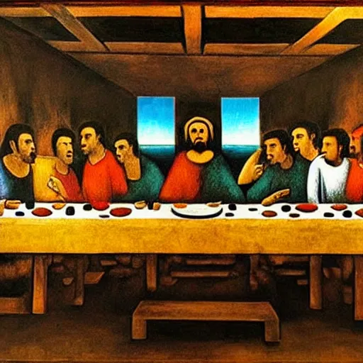 Prompt: the last supper painted by David Alfaro Siqueiros detailed, hyper-detailed, very realistic