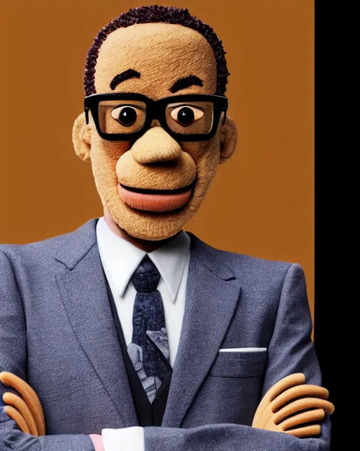 Image similar to gus fring as a muppet. highly detailed felt. hyper real photo. 4 k.