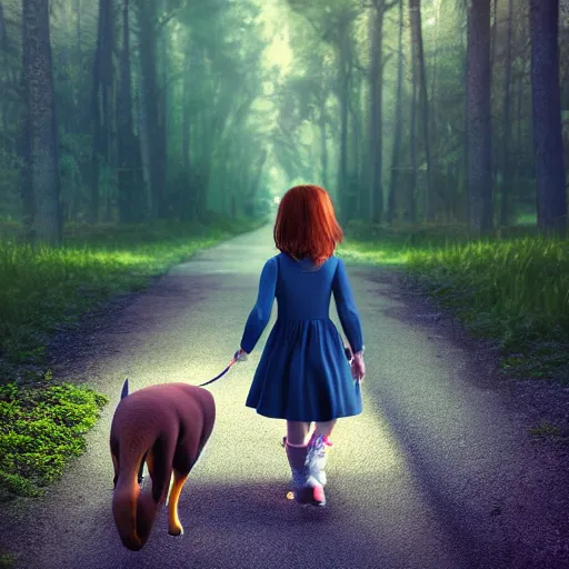 Image similar to Full lenght view contamporary art photography of ultra mega super hyper realistic girl walking with a dog . Photo on Leica Q2 Camera, Rendered in VRAY and DaVinci Resolve and MAXWELL and LUMION 3D, Volumetric natural light