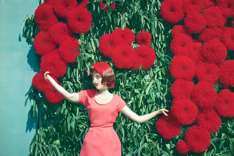 Prompt: giant flower head, girl standing, 1 9 6 0 s architecture, surreal photography, symmetry, mid century, liminal space, bright colours, wes anderson