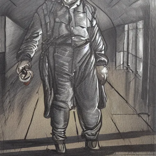 Prompt: A strong Glaswegian welder leaving work for the day, in the style of Peter Howson,